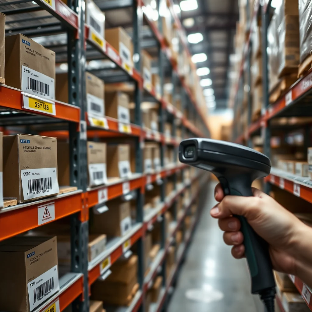 Estantería de almacén con cajas etiquetadas para el inventario de activos fijos